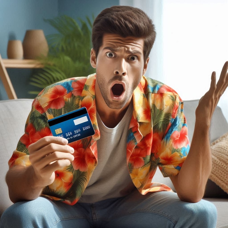 entrepreneur in a hawaiian shirt sitting on a sofa holding a credit card out looking shocked