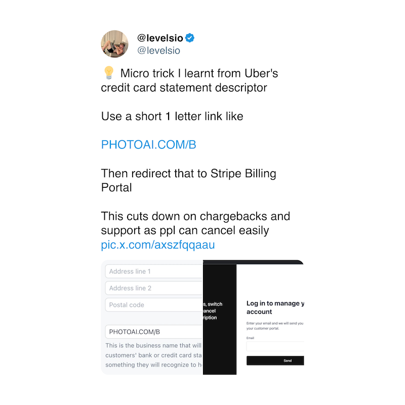 tweet by @levelsio explaining how to use a short link as a statement descriptor to prevent chargebacks