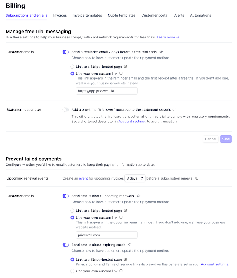 Stripe dashboard showing subscription email settings